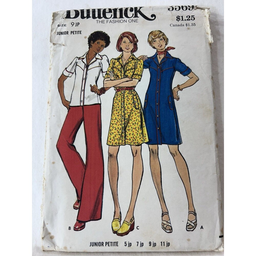 Vintage 70s Butterick 3569 Junior Petite 9JP A-Line Dress Top Pants CUT